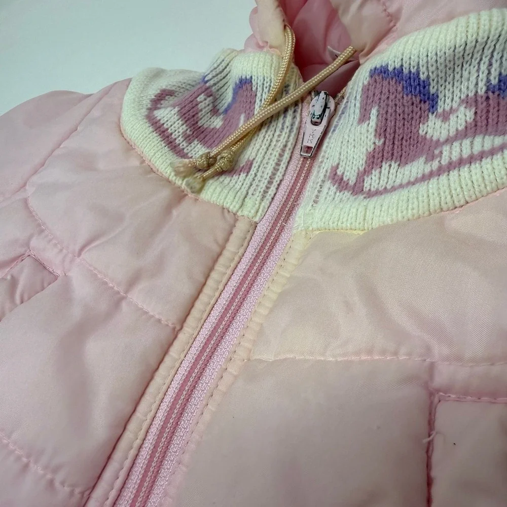 Vintage 80s Baby Girl Pink Puffer Jacket 18M Rocking Horse Knit Hooded